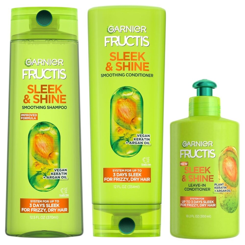 Garnier Fructis Sleek & Shine Shampoo, Conditioner, Leave-In Condition Cream Set